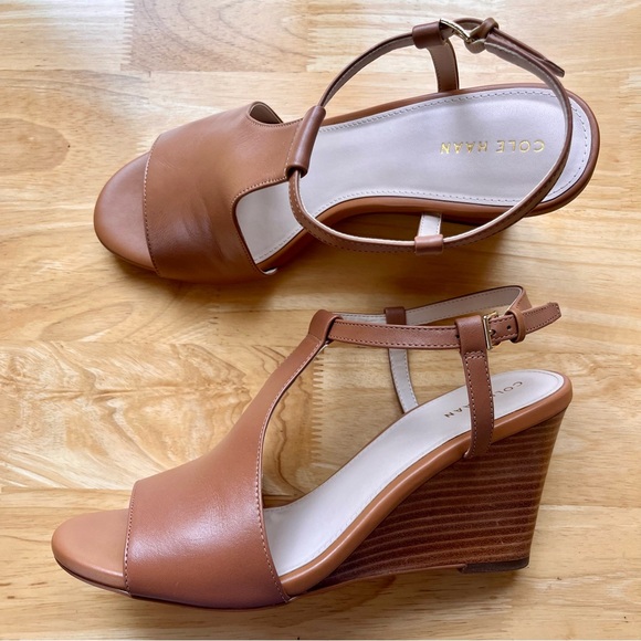 Cole Haan Shoes - COLE HAAN Maddie Open Toe Tan Wedge Sandals, Pecan Leather, Size 8